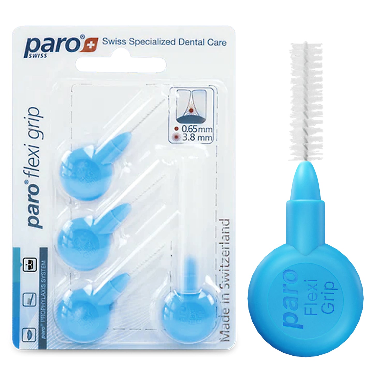 1082, paro® flexi grip, fine, light-blue, cylindric, 3.8 mm, 4 pcs, interdental brush